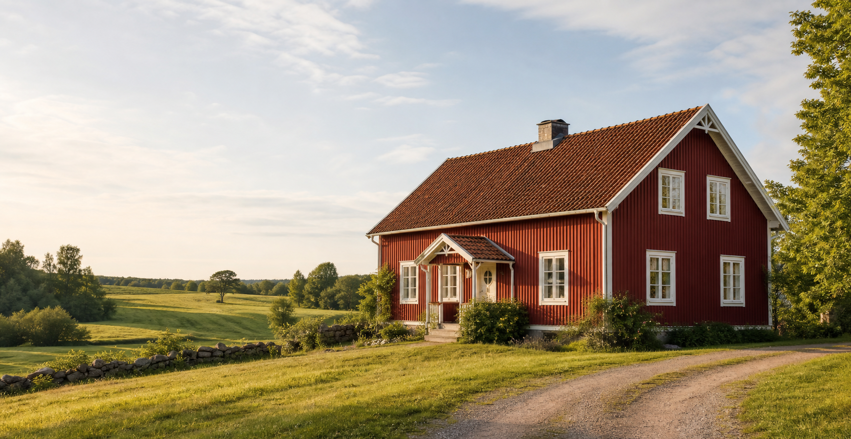 A red farmhouse in green countryside